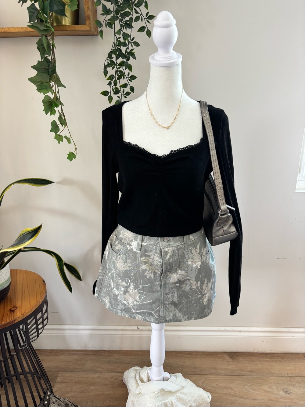 Black Lace-Trim Square Neck Top